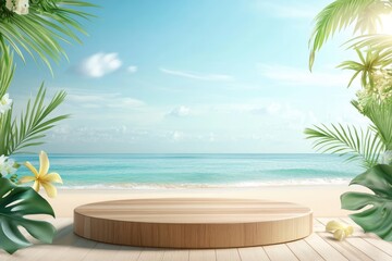 Summer product display on wooden podium at sea tropical beach with generative ai