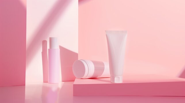 Minimalist Beauty and Personal Care Product Display on Pink Background in Soft Light