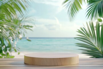 Fototapeta premium Summer product display on wooden podium at sea tropical beach with generative ai