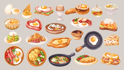 Eggs dishes set, cartoon breakfast food. Top and side view of various gourmet recipes with eggs, meat sausages and healthy fresh salad, cartoon cooked meals menu collection vector illustration