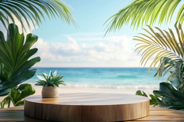 Fototapeta premium Summer product display on wooden podium at sea tropical beach with generative ai