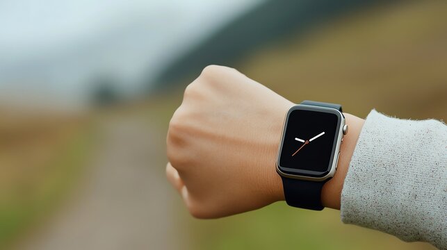 Woman tracking her run on a smartwatch, focus on tech-driven fitness goals, outdoor trail