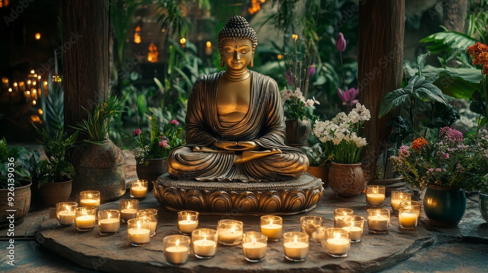 Poster soft candlelight dances around a peaceful buddha, creating a calming atmosphere filled with flourish