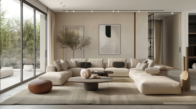 a spacious living room with clean lines, neutral colors, and minimal furniture. large windows, a sleek sofa, and a statement piece like a geometric coffee table or modern art on the wall