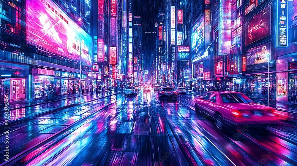 Poster futuristic cityscape with ai-managed infrastructure and augmented reality enhancements