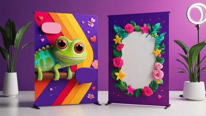 Cute cartoon banner.Bright digital illustrated postcard, poster.book with flowers and butterflies