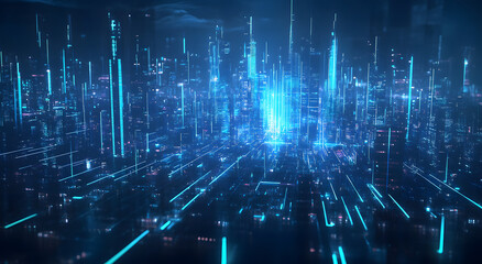 "Digital Cityscape Background with Glowing Blue Lines and Futuristic Design: High-Tech Urban Environment with Neon Lights and Advanced Technology Elements"