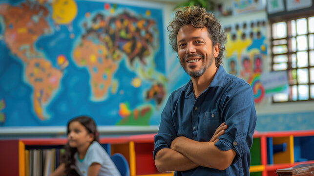 Smiling Brazilian Public School Teacher in Classroom with World Map and Student in Background