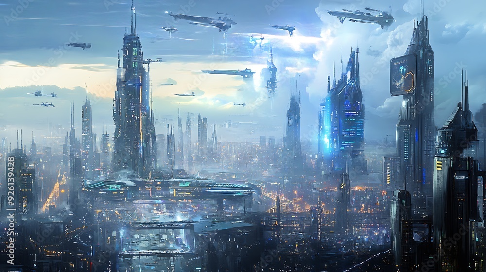 Poster futuristic cityscape with ai-managed infrastructure and augmented reality enhancements