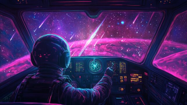 Neon Line Art of a pilot guiding a spaceship through a starry galaxy, manipulating the controls with precision, navigating through the vast expanse of space