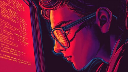 Neon Line Art of a software engineer typing code on a computer, with lines of code reflecting in their glasses, deeply engrossed in problem-solving