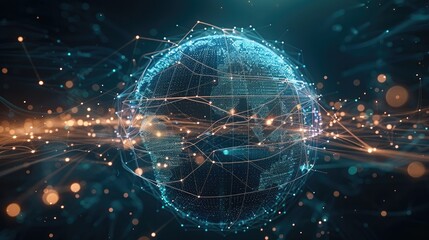 Earth, technology, wireframe, particle. Generative AI.
