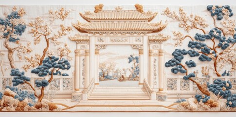 A silk tapestry featuring intricate chinoiserie designs, framed by elegant ceramic tiles.