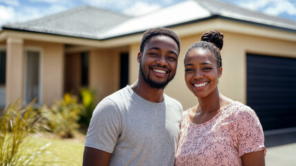 Naklejka premium Young Couple Smiling Outside Their House