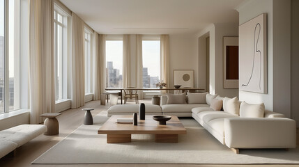 a spacious living room with clean lines, neutral colors, and minimal furniture. large windows, a sleek sofa, and a statement piece like a geometric coffee table or modern art on the wall