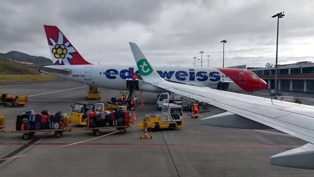 Edelweiss aircraft at Funchal airport in Madeira