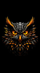 Obraz premium A close up of an owl with its eyes open and its feathers ruffled. The owl is surrounded by a dark background, which emphasizes its features. The image has a mysterious and intriguing mood