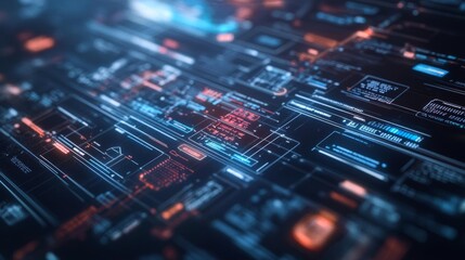 Fototapeta premium Intricate circuit board, a symphony of chips and wires, dancing in blue light, a microcosm of technological prowess