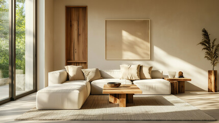 a spacious living room with clean lines, neutral colors, and minimal furniture. large windows, a sleek sofa, and a statement piece like a geometric coffee table or modern art on the wall