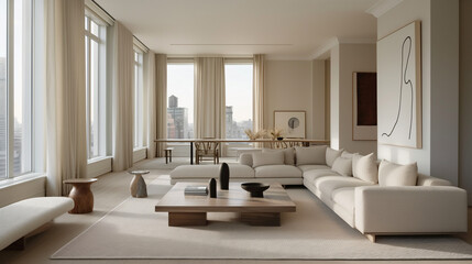 a spacious living room with clean lines, neutral colors, and minimal furniture. large windows, a sleek sofa, and a statement piece like a geometric coffee table or modern art on the wall