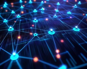 A futuristic digital wallpaper with glowing blue lights and wave patterns representing energy and technology in a space-like design