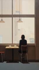 Fototapeta premium View from outside of restaurant showing a woman inside furniture office table.