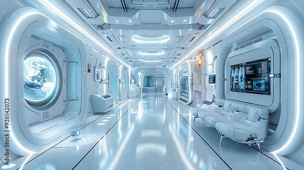 Poster Futuristic AI lab with holographic screens. Generative AI.