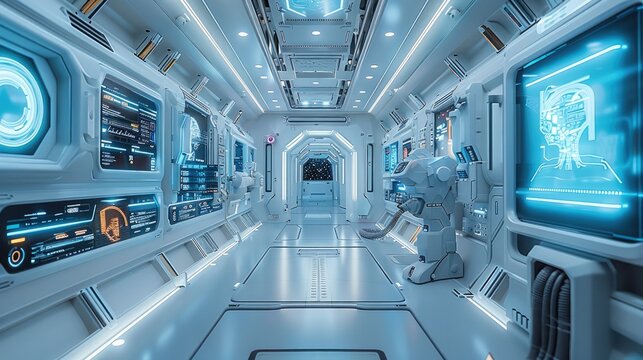Futuristic AI lab with holographic screens. Generative AI.