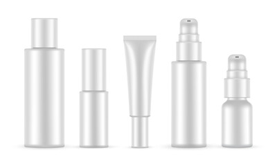 Plastic Cosmetic Bottles Mockups Set, Tube, Pump Bottle, Shampoo, Isolated On White Background. Vector Illustration