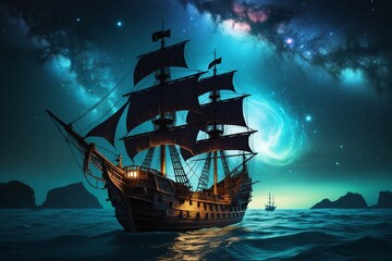 Fototapeta premium Vintage Pirate Ship Sailing into a Bioluminescent Sea with a Galaxy-Lit Sky