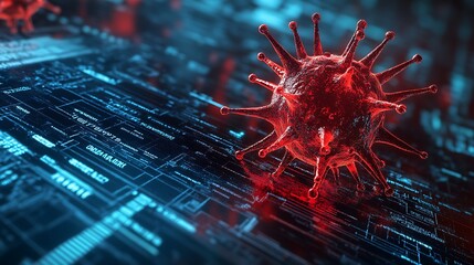 Closeup of a 3D rendering of a red virus on a futuristic digital surface.