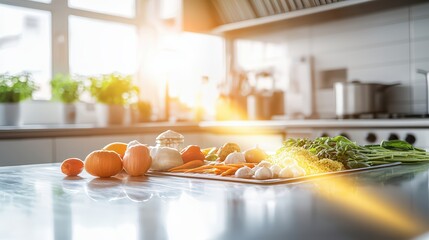 A bright kitchen scene featuring fresh vegetables, eggs, and herbs on a countertop, ideal for cooking or recipe inspiration.