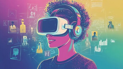 A pop art interface showing a remote learning session conducted via VR