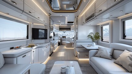 A realistic RV interior with a smart furniture system and advanced technology. Include touch screen controls, and foldable furniture. Emphasize a high-tech and modern feel. Generative AI.