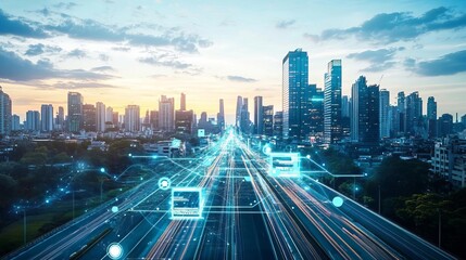 Fototapeta premium Blured lights streak through urban jungle as speeding cars navigate a concrete labyrinth beneath a towering skyscraper skyline