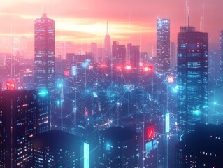 Fototapeta premium Glowing cityscape panorama with towering skyscrapers illuminated against a vibrant night sky