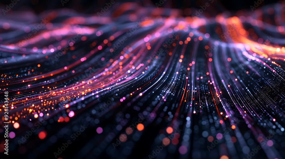 Poster optical data concept depicted by abstract glowing lines on a dark background. the high speed, vast c