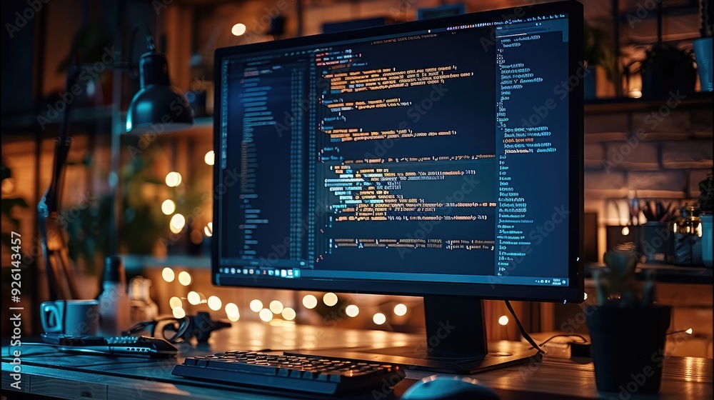 Poster A developer computer in a dark office, the monitor brightly displaying lines of code, the soft glow illuminating the keyboard. Generative AI.
