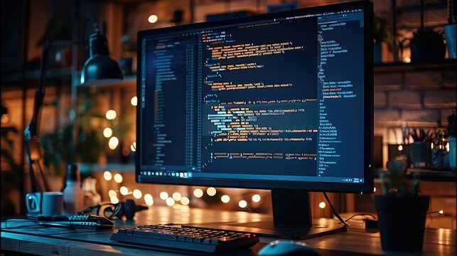 A developer computer in a dark office, the monitor brightly displaying lines of code, the soft glow illuminating the keyboard. Generative AI.