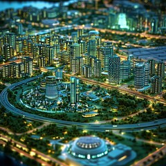 Dazzling cityscape panorama with skyscrapers, illuminated towers, and vibrant lights painting the night sky