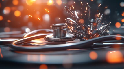 A dramatic close-up of a stethoscope amidst a burst of dynamic sparks, symbolizing medical innovation and energy.