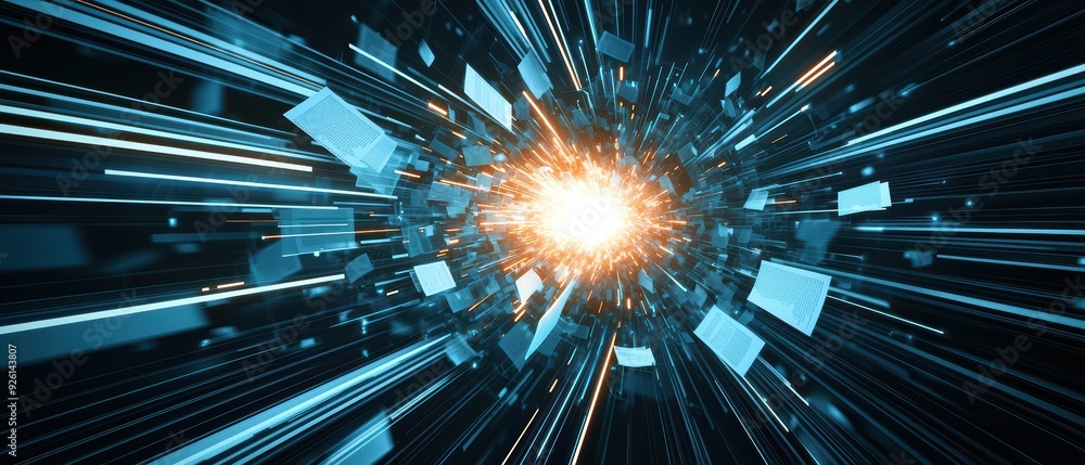 Poster a dynamic explosion of light and particles, illustrating energy and motion in a visually stunning wa