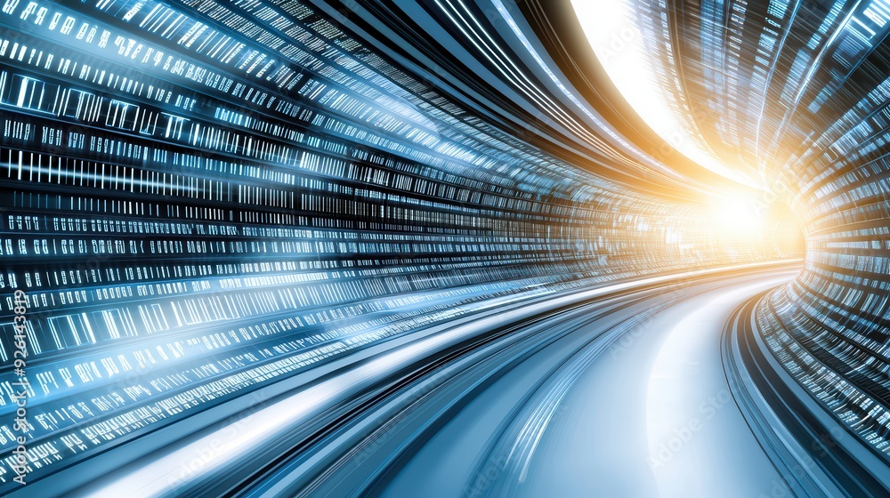Poster a dynamic blue tunnel representing data flow, with a bright light at the end, illustrating speed and