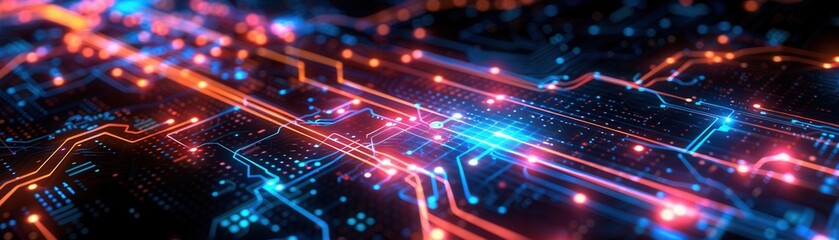 Obraz premium Close-up of a futuristic digital circuit board with glowing neon colors, representing technology, innovation, and data transfer.