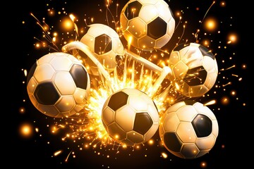Fototapeta premium A dynamic explosion of soccer balls surrounded by vibrant sparks, symbolizing action and excitement in sports.