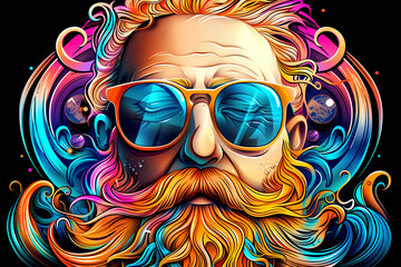 A man with a beard and sunglasses is the main subject of the image. The image is colorful and vibrant, with a sense of fun and playfulness