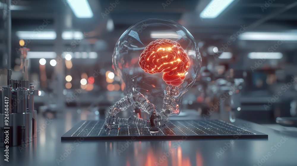 Poster a futuristic representation of a brain inside a clear skull, showcasing advanced technology and neur
