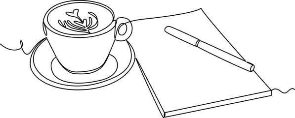 A cup of coffee and a diary one line art vector illustration