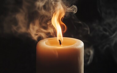 Close-up of a burning candle with smoke rising from the flame against a dark background.