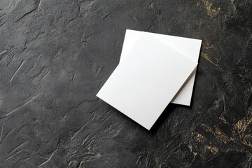 Two real white business cards on elegant dark concrete background, Empty template for luxury stationery mockup with generative ai